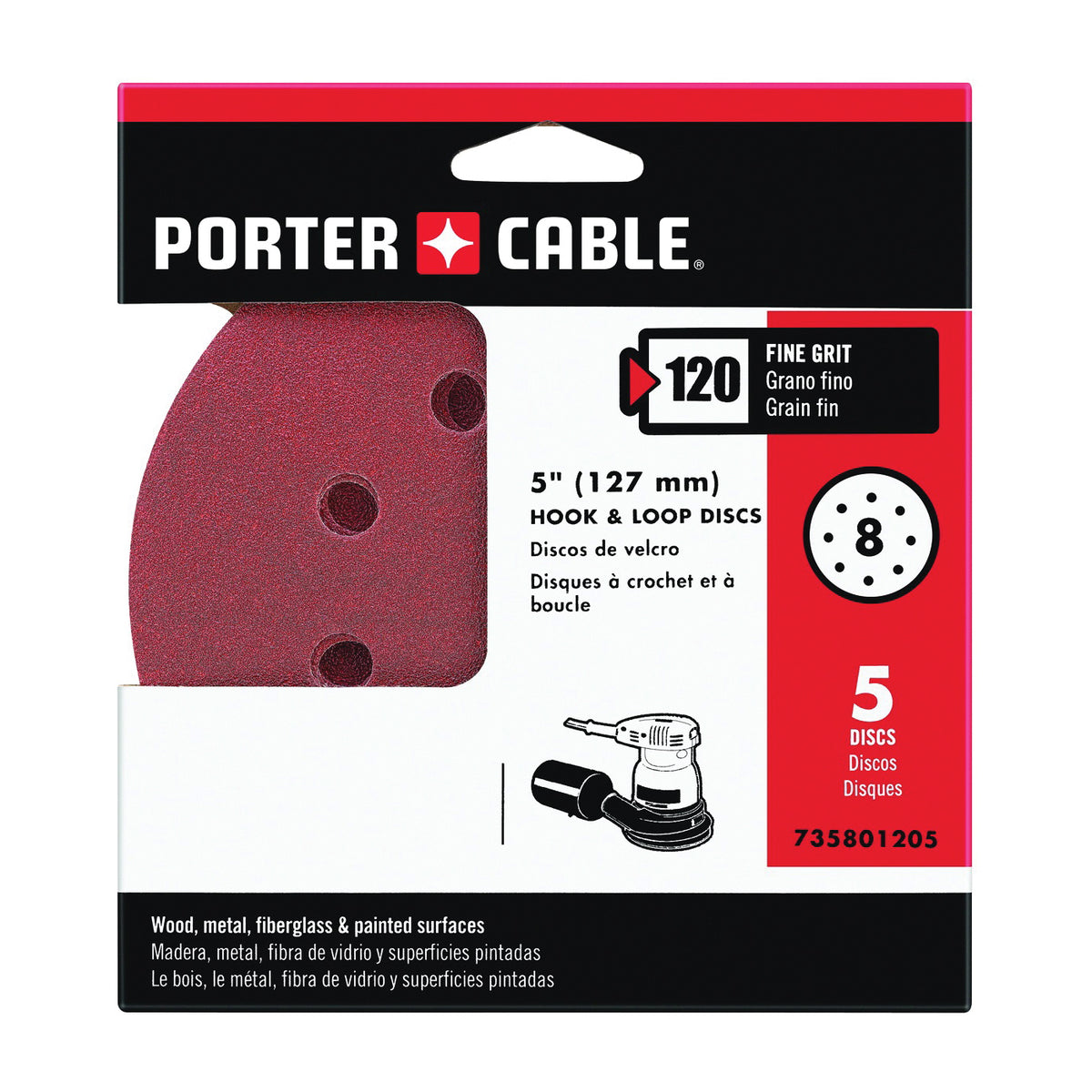PORTER-CABLE 735801205 Sanding Disc, 5 in Dia, 120 Grit, Fine, Aluminum Oxide Abrasive, 8-Hole