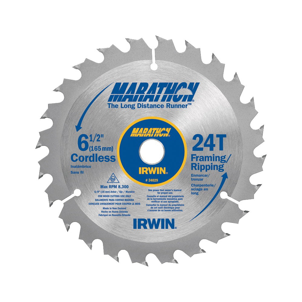 IRWIN MARATHON 24029 Circular Saw Blade, 6-1/2 in Dia, 5/8 in Arbor, 24-Teeth, Carbide Cutting Edge