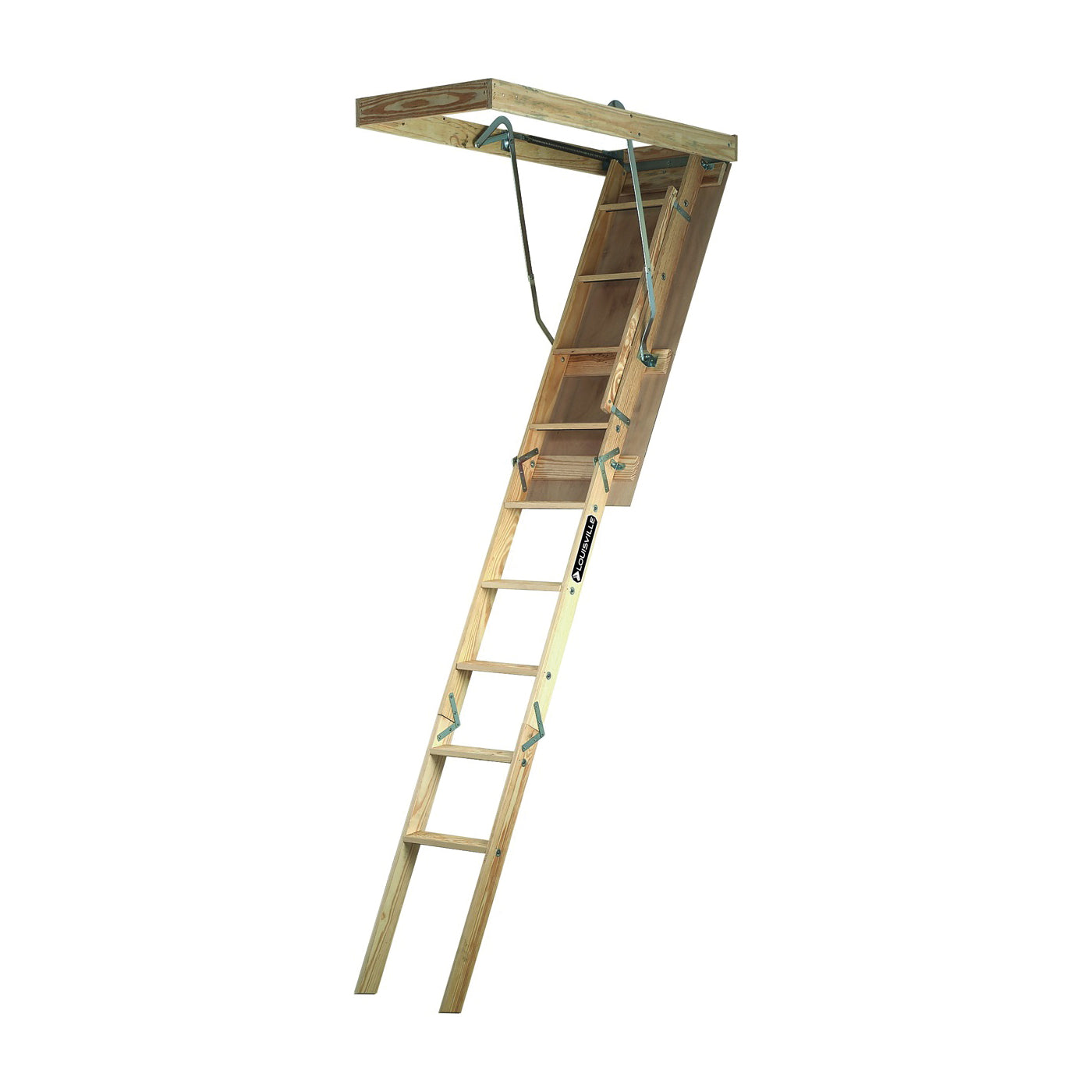Louisville Premium Series FTS254P Fire-Treated Attic Ladder, 8 ft 9 in to 10 ft H Ceiling, 9-Step, 250 lb, Wood