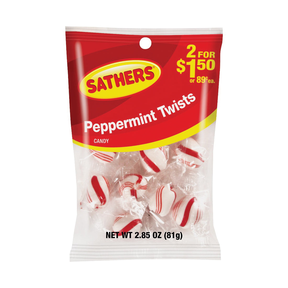 Sathers 10106 Candy, Peppermint Flavor, 2.85 oz Package, Bag