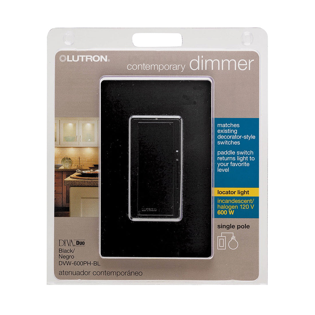 Lutron Diva DVW-600PH-BL Dimmer, 220/240 V, 600 W, Halogen, Incandescent Lamp, Black