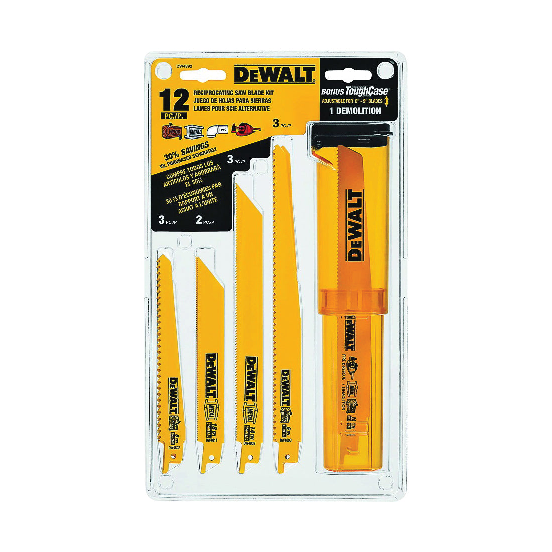 DeWALT DW4892 Reciprocating Saw Blade Set, 12-Piece, Bi-Metal, Yellow