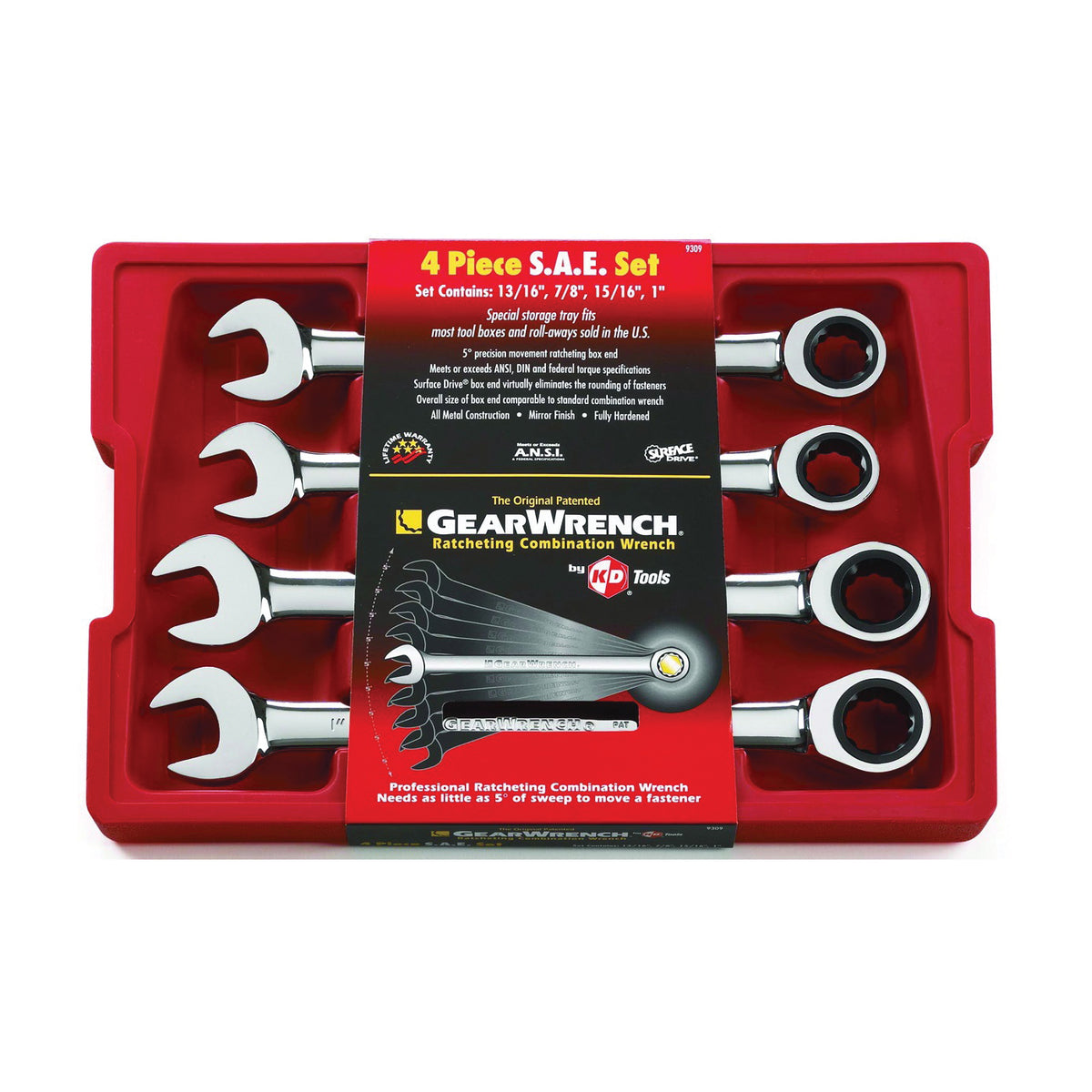 GearWrench 9309D Wrench Set, 4-Piece, Steel, Polished Chrome, Specifications: SAE Measurement