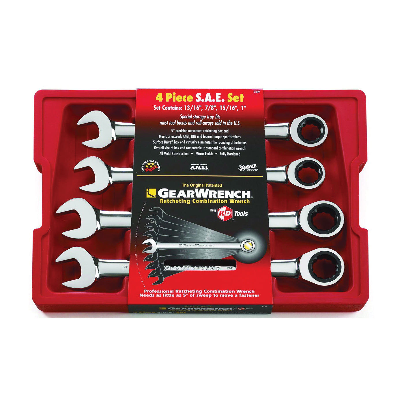 GearWrench 9309D Wrench Set, 4-Piece, Steel, Polished Chrome, Specifications: SAE Measurement