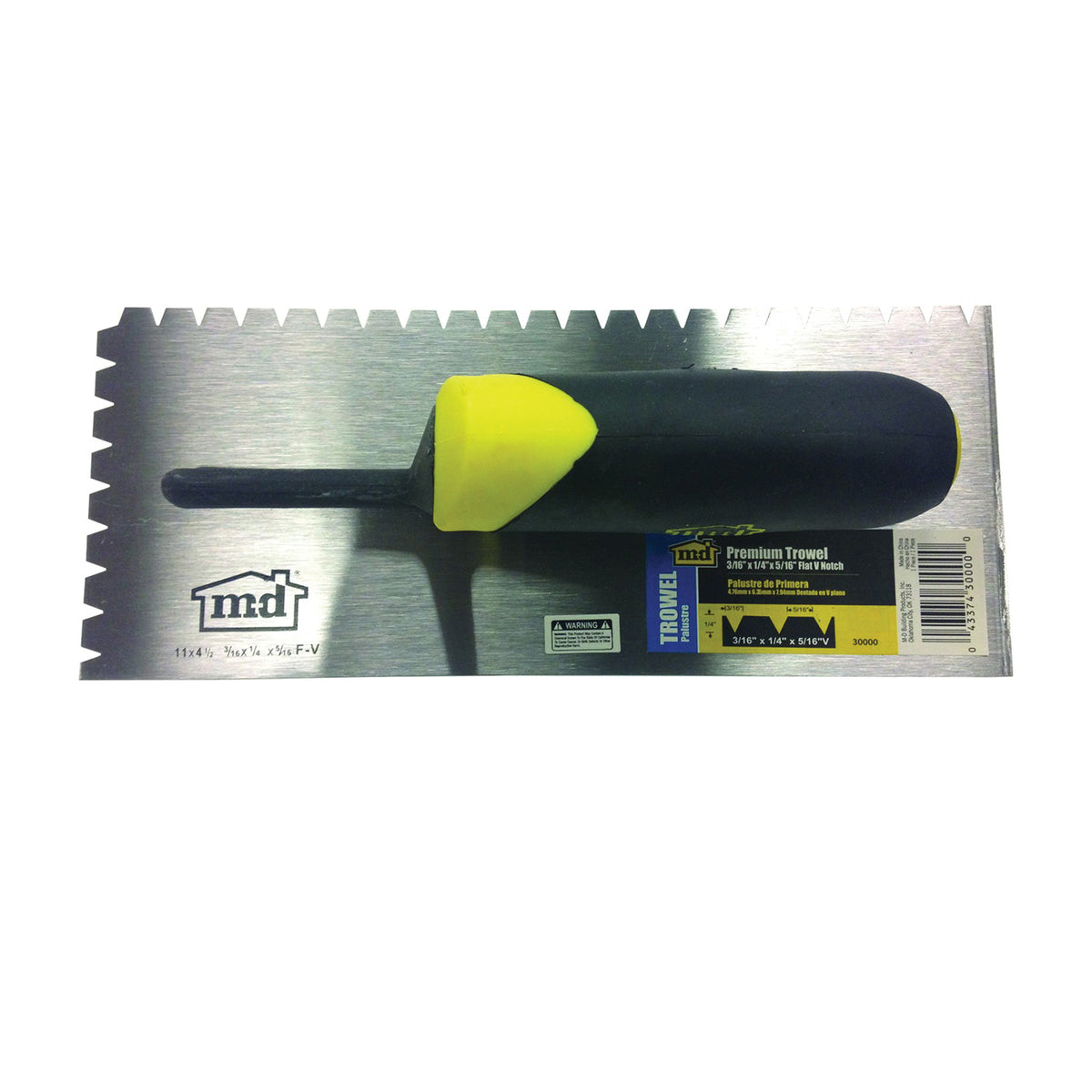M-D 30000 Tile Installation Trowel, 11 in L, 4-1/2 in W, Flat V Notch, Comfort-Grip Handle