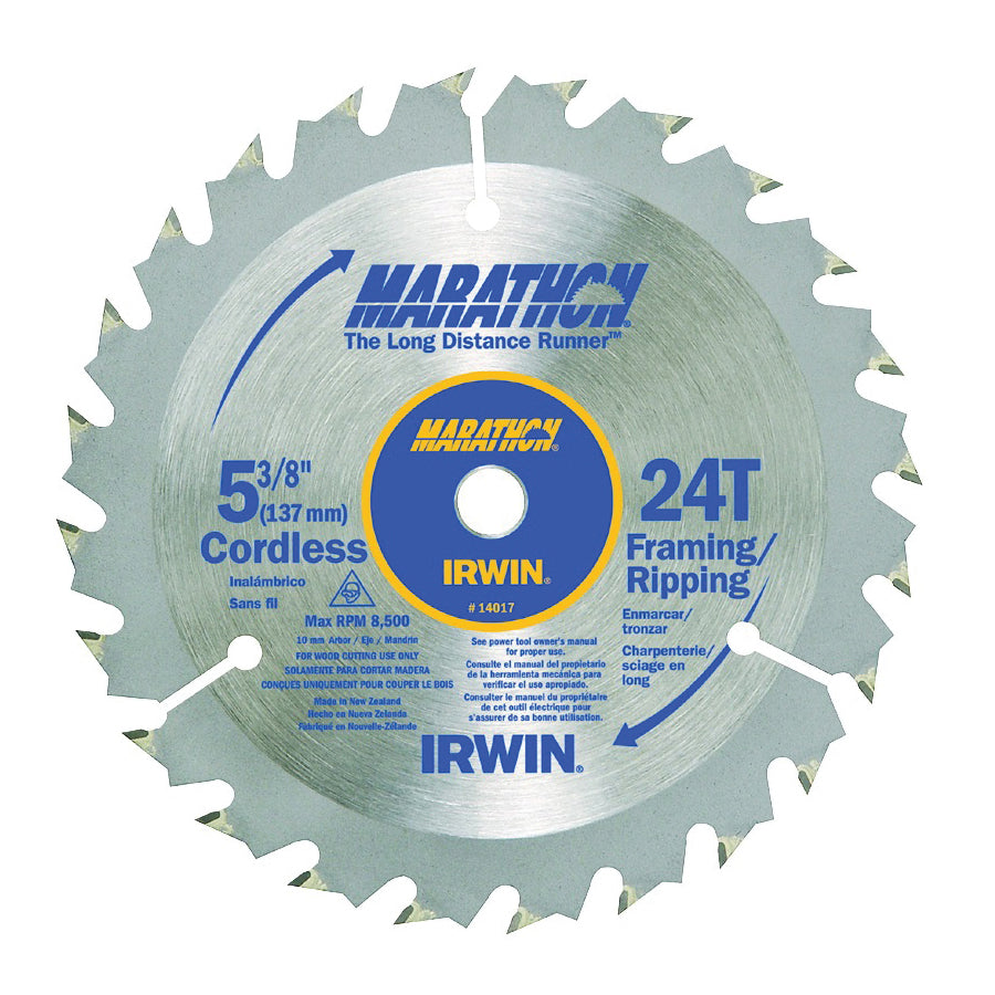 IRWIN MARATHON 14017 Circular Saw Blade, 5-3/8 in Dia, 0.39 in Arbor, 24-Teeth, Carbide Cutting Edge