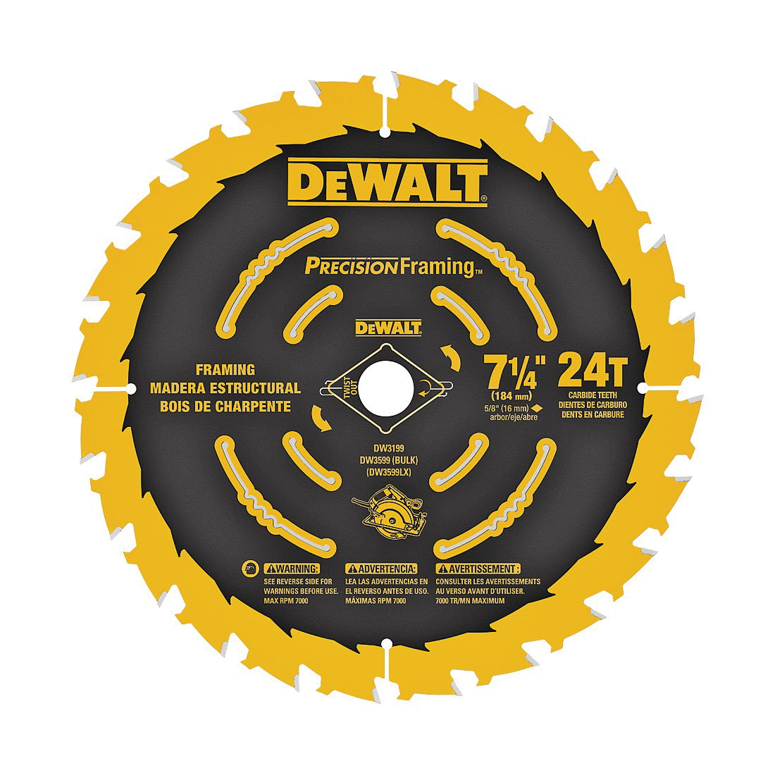DeWALT Precision Framing DW3599B10 Saw Blade, 7-1/4 in Dia, 5/8 in Arbor, 24-Teeth, Carbide Cutting Edge