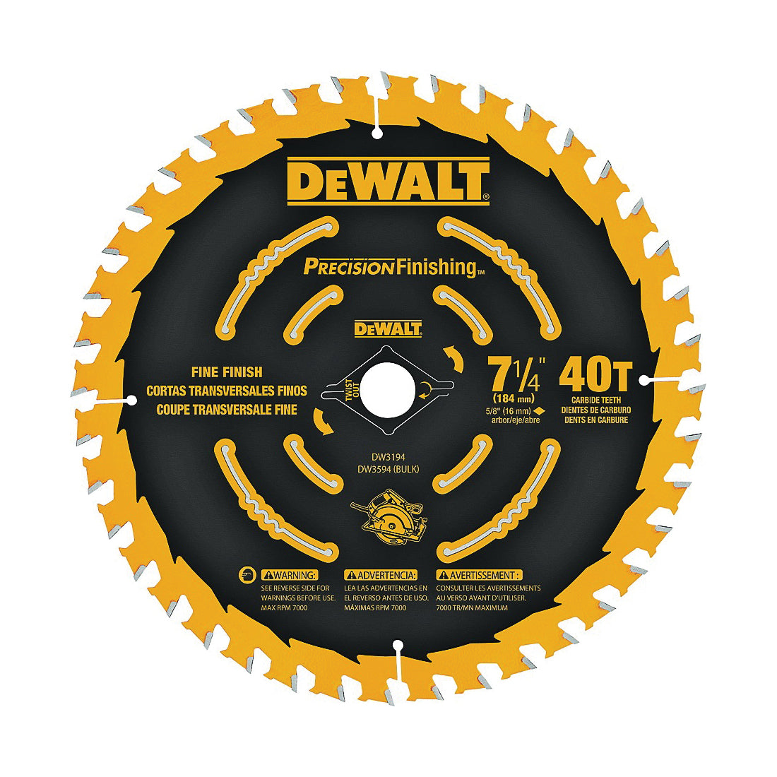 DeWALT Precision Framing DW3594B10 Saw Blade, 7-1/4 in Dia, 5/8 in Arbor, 40-Teeth, Carbide Cutting Edge