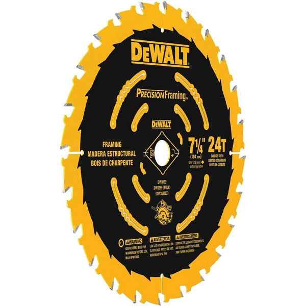 DeWALT DW7112PT Precision Saw Blade, 7-1/4 in Dia, 24-Teeth, Carbide Cutting Edge, Applicable Materials: Wood