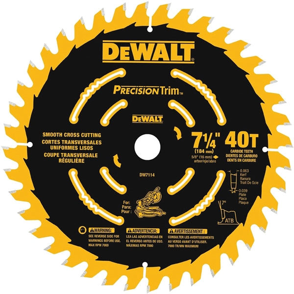 DeWALT DW7114PT Miter Saw Blade, 7-1/4 in Dia, 40-Teeth, Carbide Cutting Edge