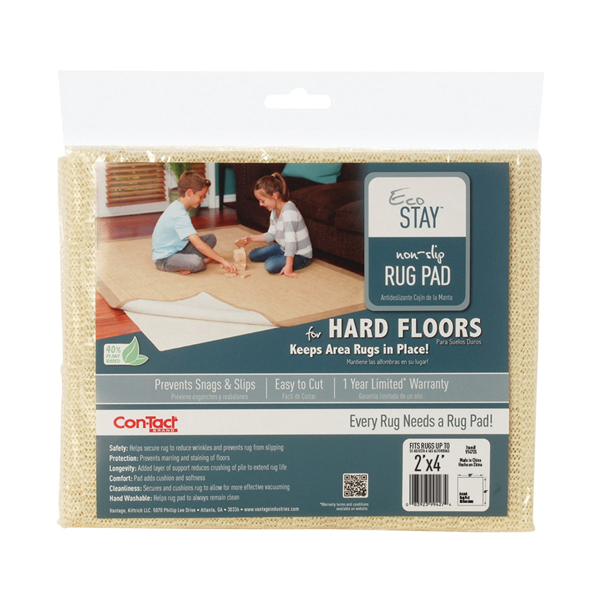 Con-Tact V14735 Rug Pad, 4 ft L, 2 ft W, Non-Slip Surface, Polyester