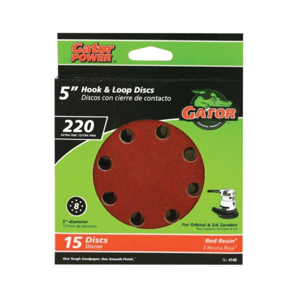 Gator 4140 Sanding Disc, 5 in Dia, 220 Grit, Extra Fine, Aluminum Oxide Abrasive, Vented