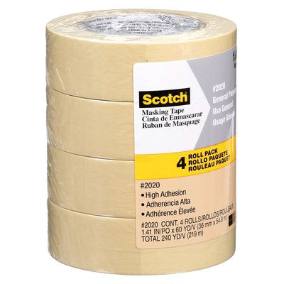 Scotch 2020-36ECP Masking Tape, 60 yd L, 1.4 in W, Crepe Paper Backing, Tan