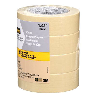 Scotch 2020-36ECP Masking Tape, 60 yd L, 1.4 in W, Crepe Paper Backing, Tan