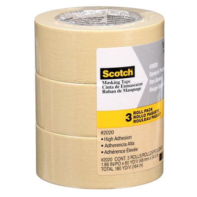 Scotch 2020-48ECP Masking Tape, 60 yd L, 1.89 in W, Crepe Paper Backing, Tan