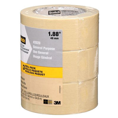 Scotch 2020-48ECP Masking Tape, 60 yd L, 1.89 in W, Crepe Paper Backing, Tan