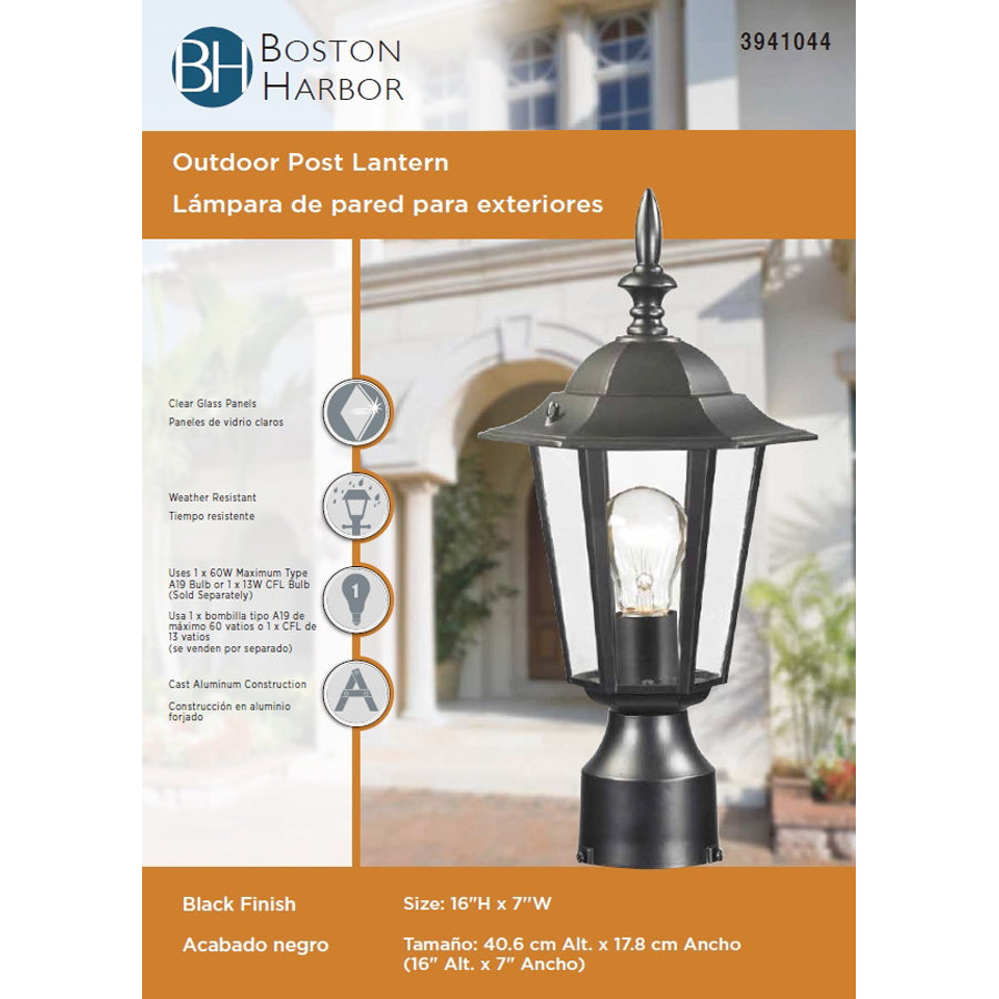 Boston Harbor AL8044-BK Post Lantern, 120 V, 60 W, A19 or CFL Lamp