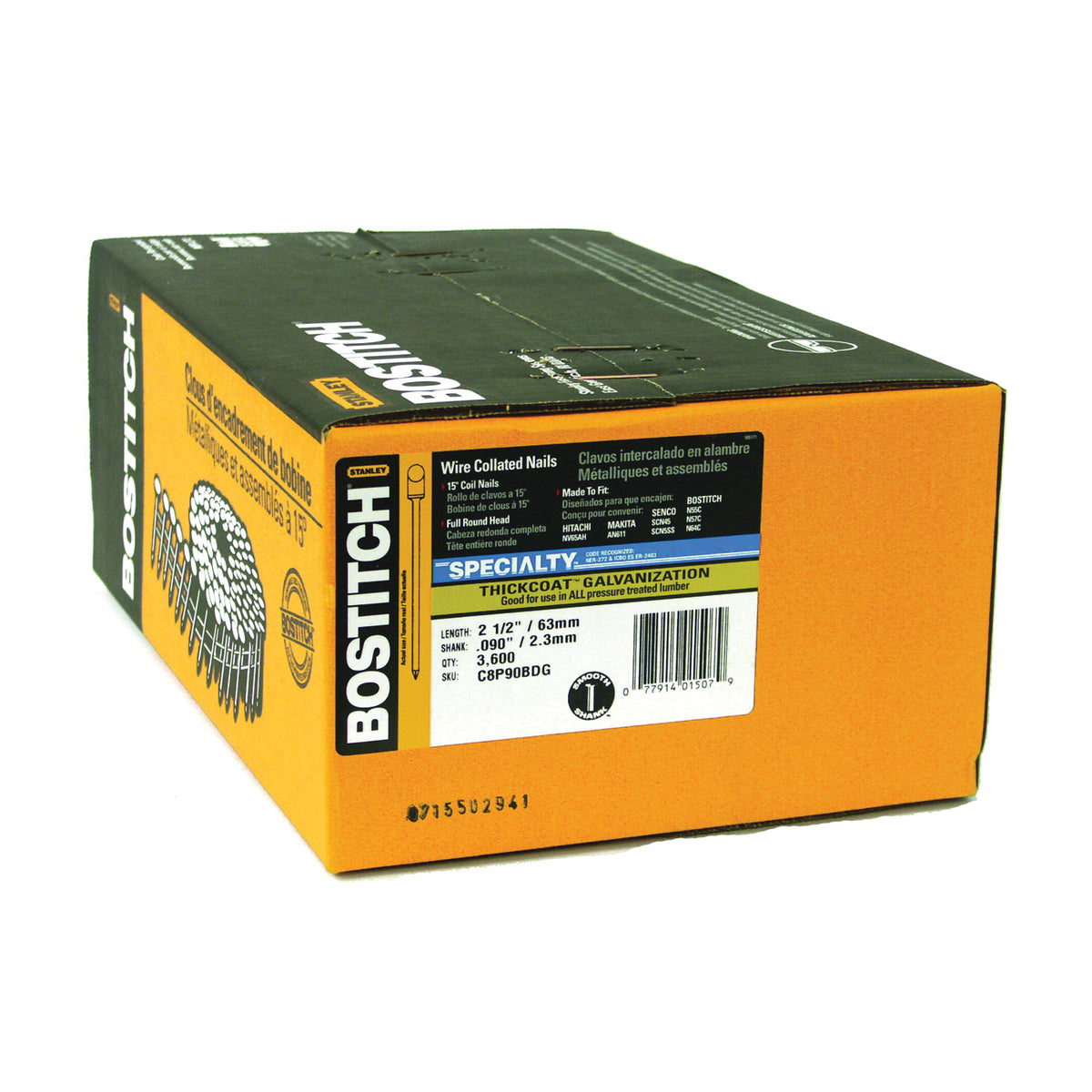 Bostitch C8P90BDG Siding Nail, 2-1/2 in L, Steel, Thickcoat, Smooth Shank