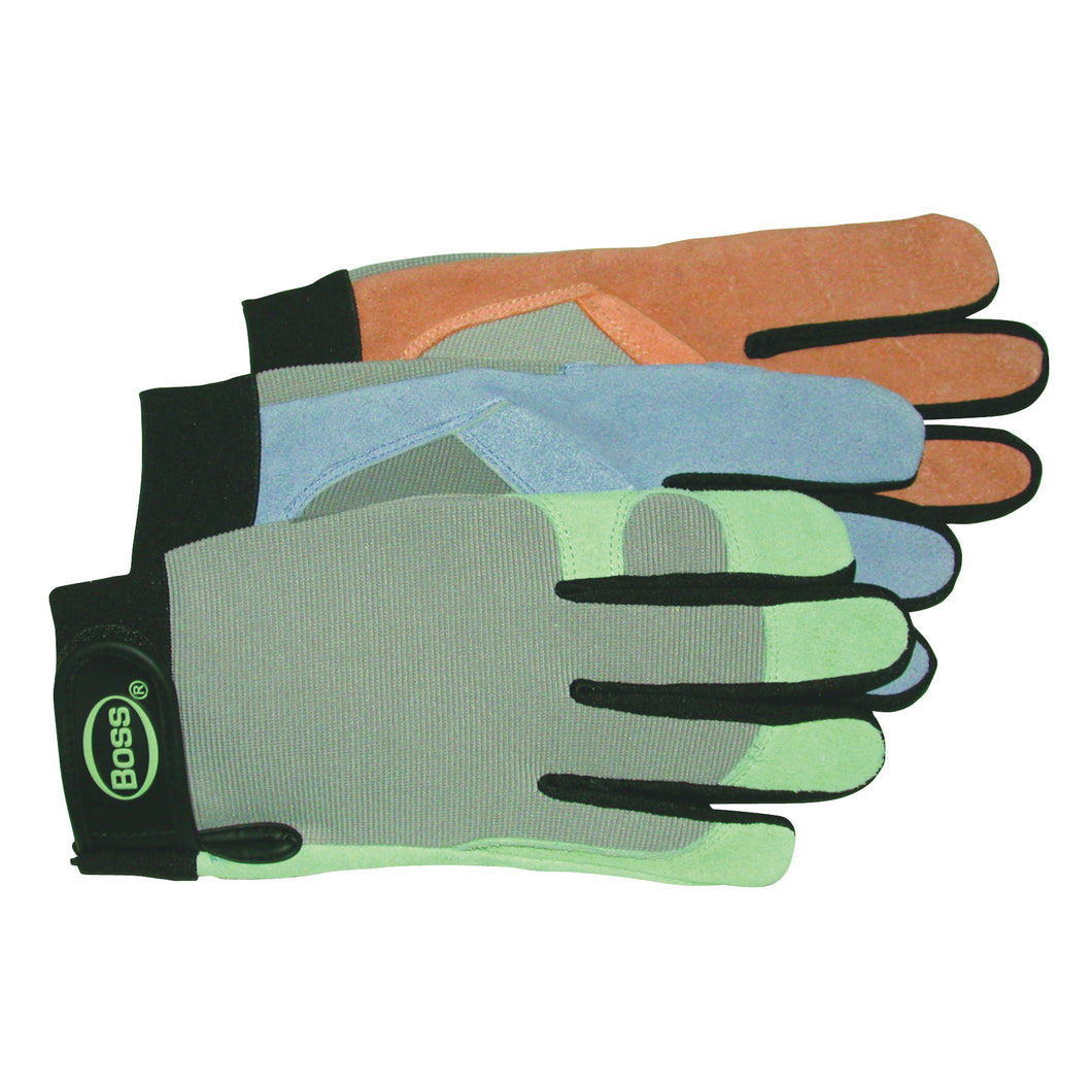 BOSS 790 Protective Gloves, Women's, M, Keystone Thumb, Elastic Cuff, Cowhide Leather, Green/Pink/Purple