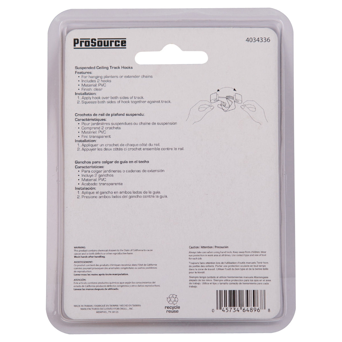 ProSource GB72733-PS Ceiling Track Hook, 1.5 in L, 0.35 in H, PVC, Clear, Wall Mount Mounting
