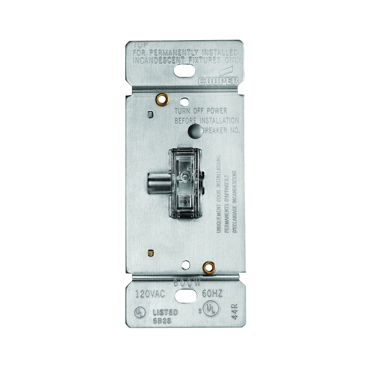 Eaton Wiring Devices TI306L-K Toggle Dimmer, 5 A, 120 V, 600 W, CFL, Halogen, Incandescent, LED Lamp, 3-Way, Clear