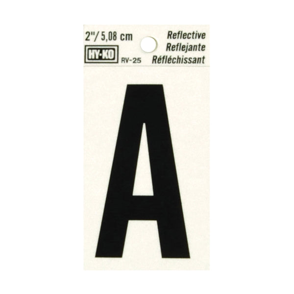 HY-KO RV-25/A Reflective Letter, Character: A, 2 in H Character, Black Character, Silver Background, Vinyl