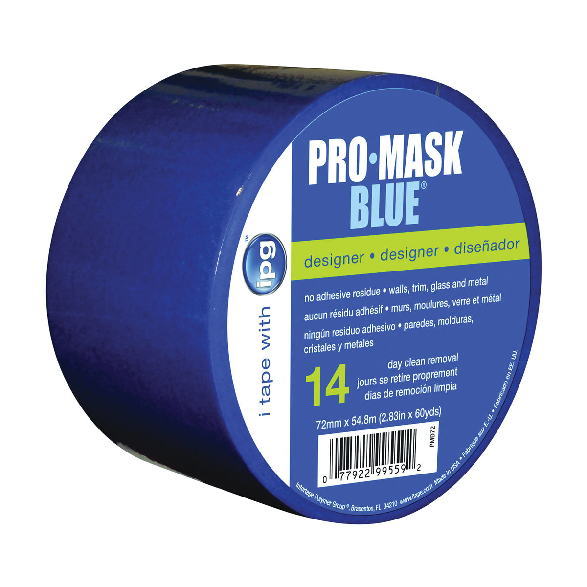 IPG PMD72 Masking Tape, 60 yd L, 2.83 in W, Crepe Paper Backing, Dark Blue