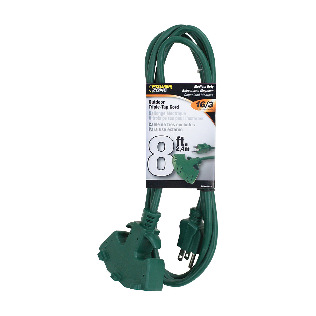 PowerZone ORY605608 Extension Cord, 16 AWG Cable, 8 ft L, 5-15P Grounded Plug, 3 -Socket, 13 A, 125 V, Green
