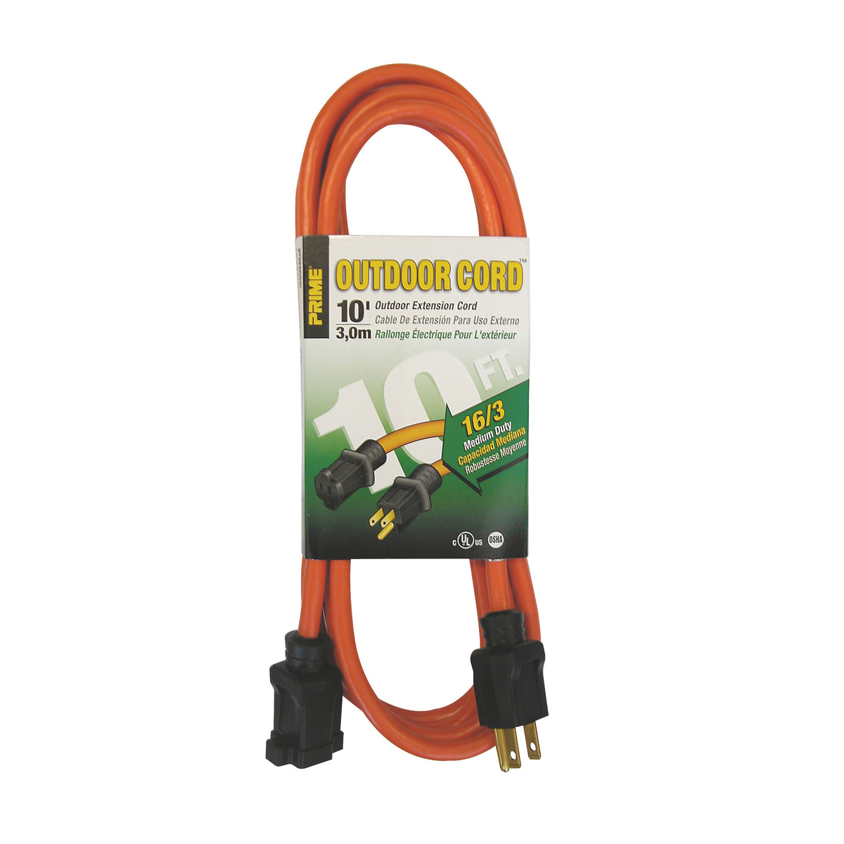 Prime EC501610 Outdoor Extension Cord, 16/3 AWG Cable, 10 ft L, Orange