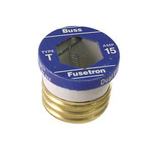 Bussmann T-15 Plug Fuse, 15 A, 125 V, 10 kA Interrupt, Plastic Body, Low Voltage, Time Delay Fuse