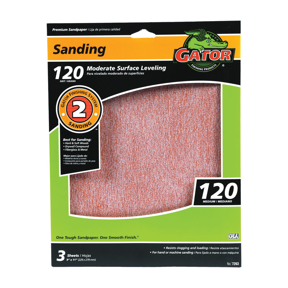 Gator 7263 Sanding Sheet, 11 in L, 9 in W, 120 Grit, Fine, Aluminum Oxide Abrasive