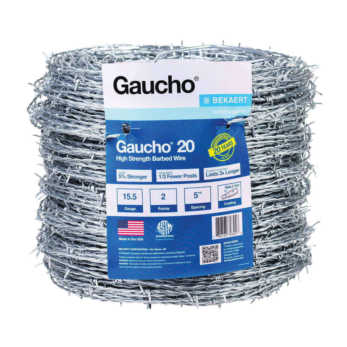 Gaucho 118290 Barbed Wire, 1320 ft L, 15-1/2 Gauge, Flat Barb, 5 in Points Spacing