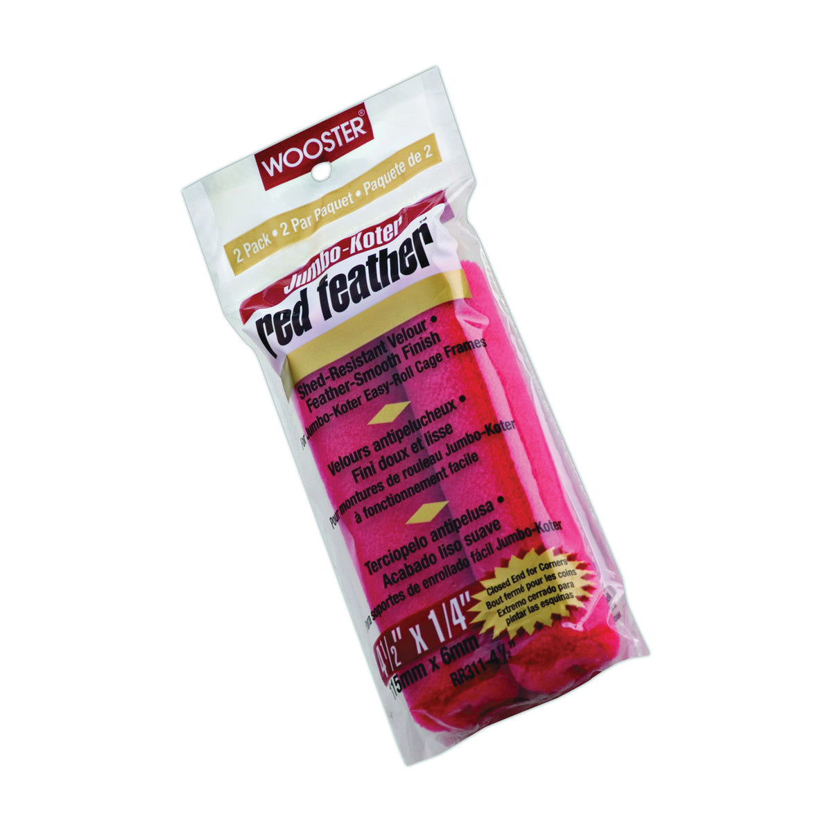 WOOSTER RR311-4 1/2 Paint Roller Cover, 1/4 in Thick Nap, 4-1/2 in L, Velour Cover, Red