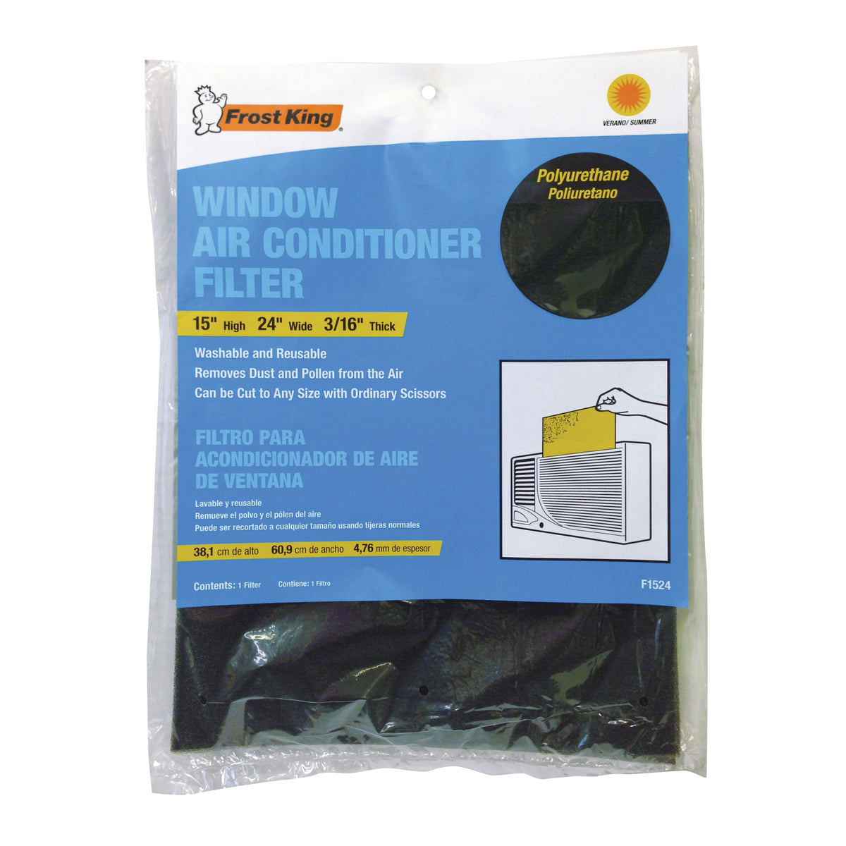 Frost King F1524 Air Filter, 24 in L, 15 in W, 8 MERV, Polypropylene Foam Filter Media