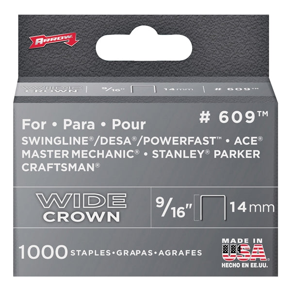 Arrow 600 Series 60930 Wide Crown Staple, 1/2 in W Crown, 9/16 in L Leg