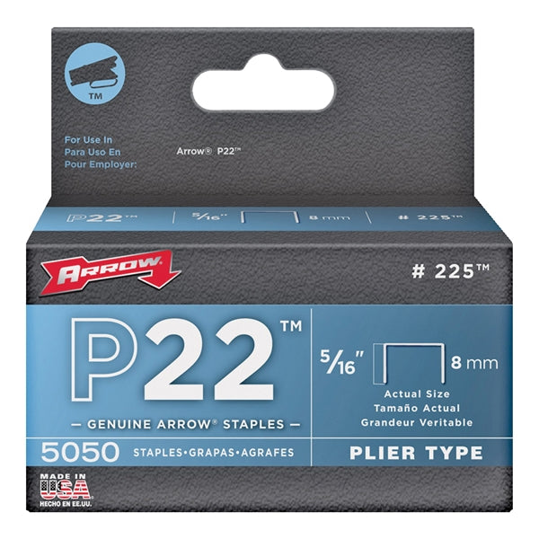 Arrow P22 Series 225 Flat Crown Staple, 7/16 in W Crown, 5/16 in L Leg