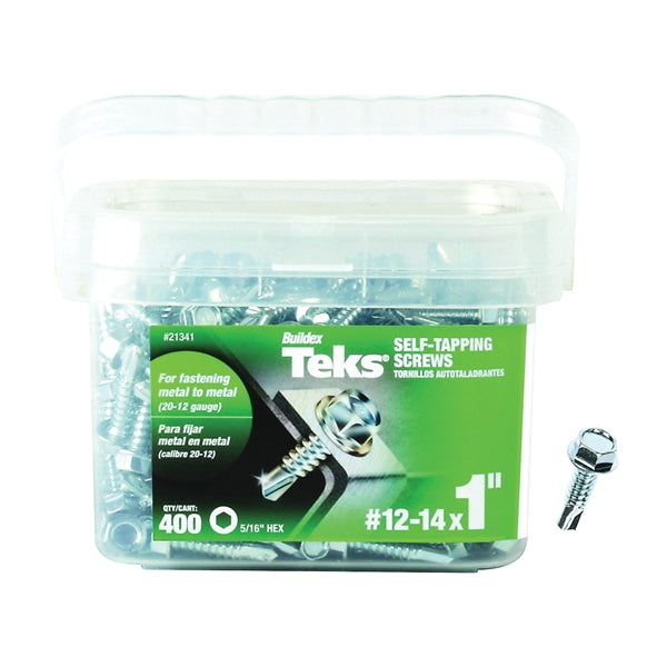 Teks 21341 Screw, #12 Thread, 1 in L, Hex Drive, Self-Drilling, Self-Tapping Point, Steel, Zinc, 400 PAIL