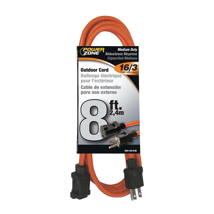 PowerZone Extension Cord, 16 AWG Cable, 5-15P Grounded Plug, 5-15R Grounded Receptacle, 8 ft L, 13 A, 125 V