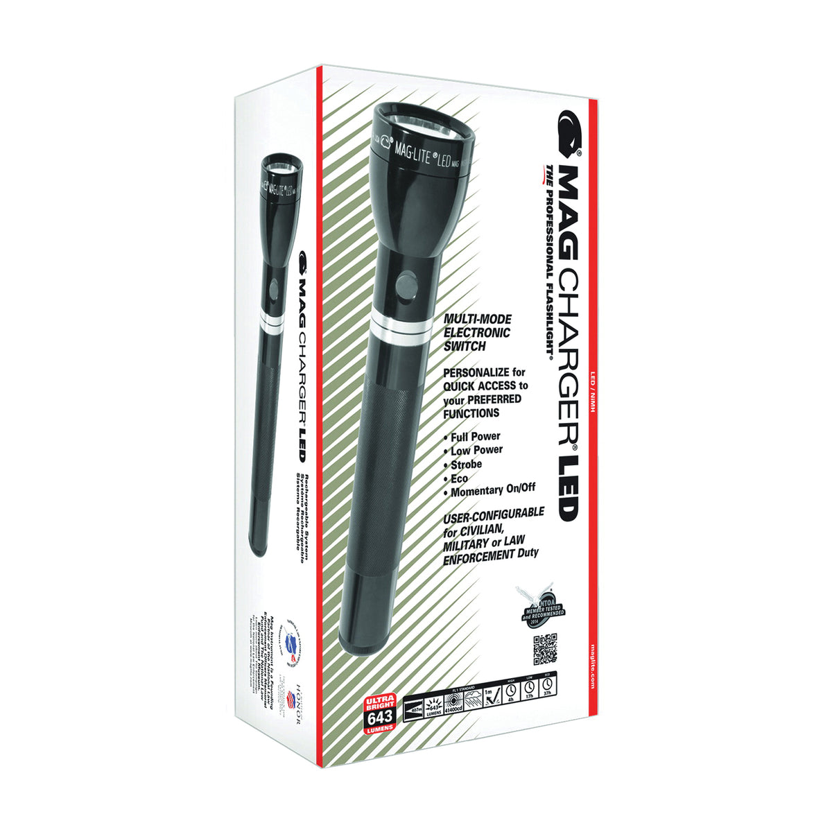 MAGLITE RL1019 Flashlight, LED Lamp, 643 Lumens, Flood to Spot Beam, 407 m Beam Distance, 4 hr Run Time, Black