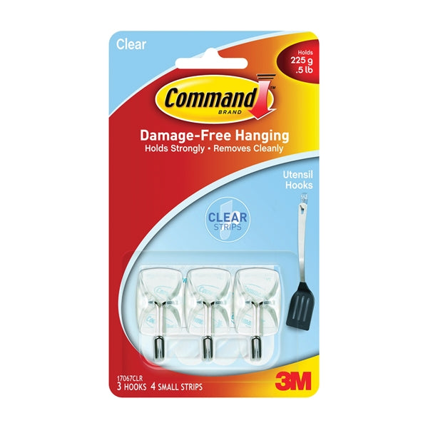 Command 17067CLR Wire Hook, 0.5 lb, 3-Hook, Metal/Plastic, Clear
