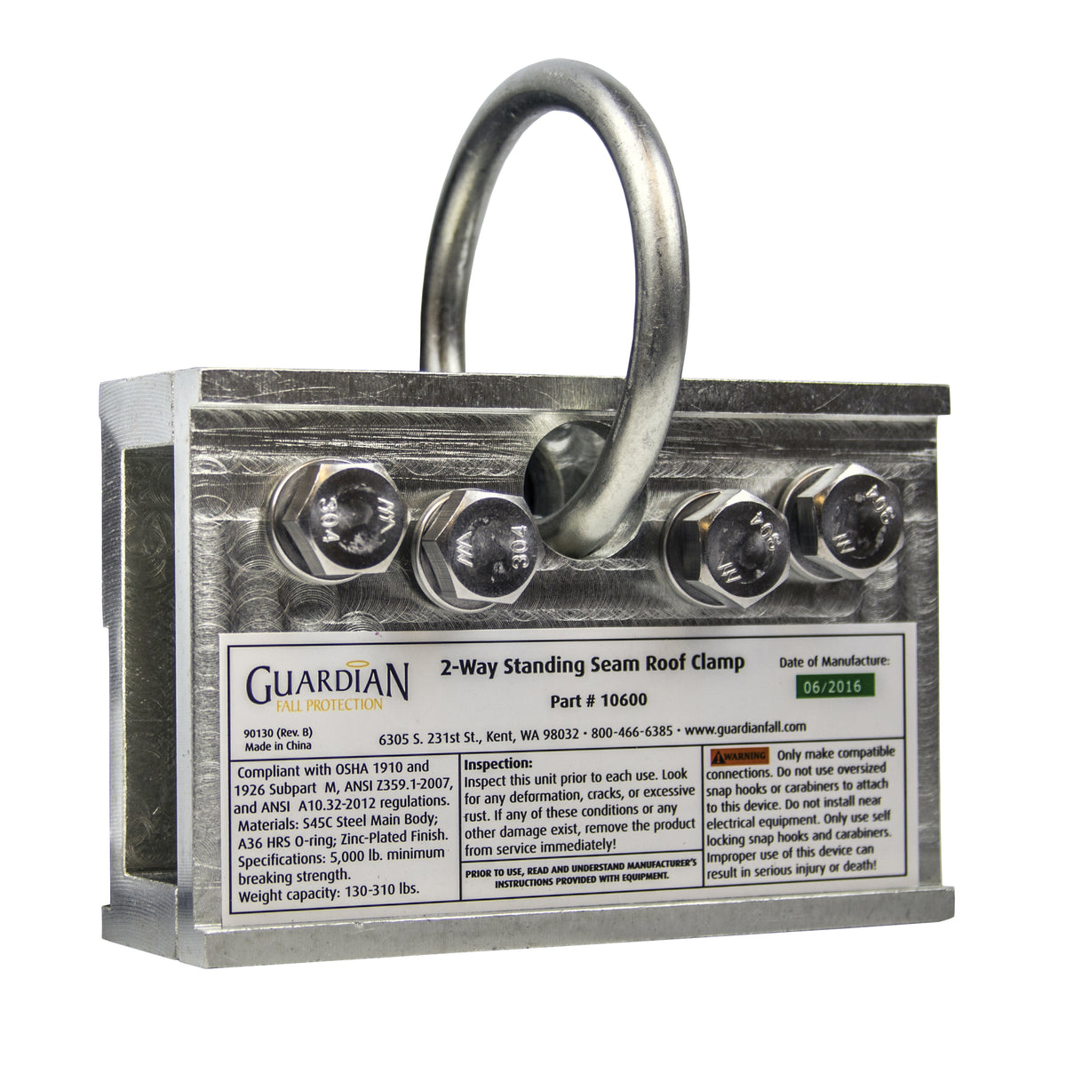 GUARDIAN FALL PROTECTION 10600 2-Way Universal Standing Seam Roof Clamp, Galvanized Steel