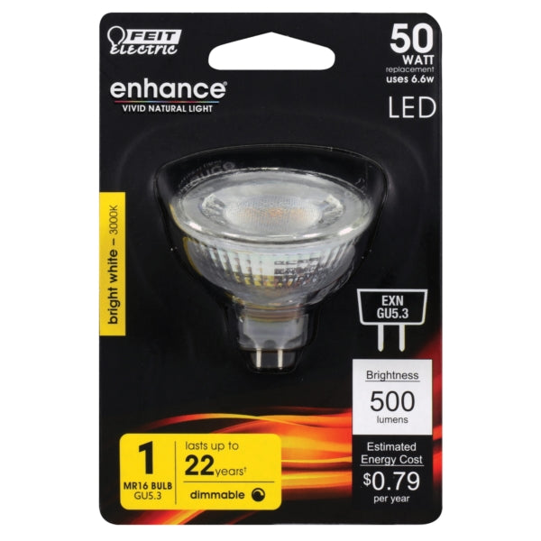 Feit Electric BPEXN/930CA LED Bulb, Track/Recessed, MR16 Lamp, 50 W Equivalent, GU5.3 Lamp Base, Dimmable, Silver