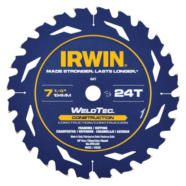 IRWIN 24035 Circular Saw Blade, 7-1/4 in Dia, 5/8 in Arbor, 24-Teeth, Carbide Cutting Edge