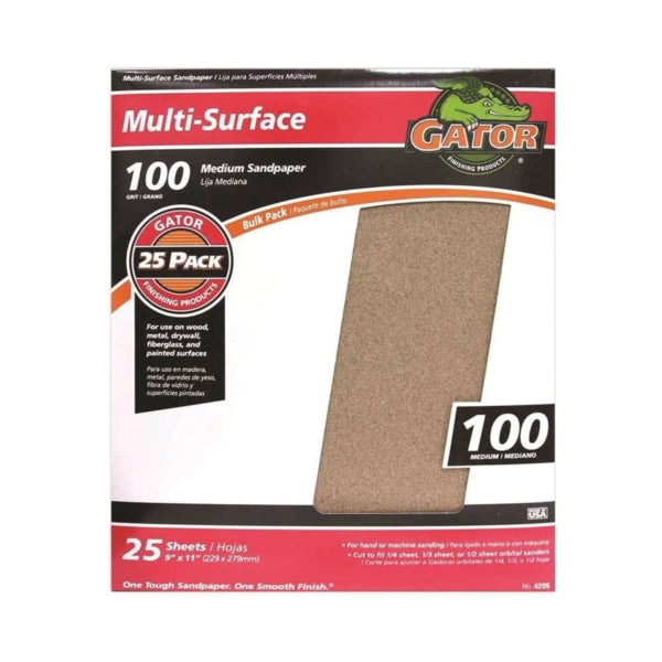 Gator 3264 Sanding Sheet, 11 in L, 9 in W, 100 Grit, Medium, Aluminum Oxide Abrasive
