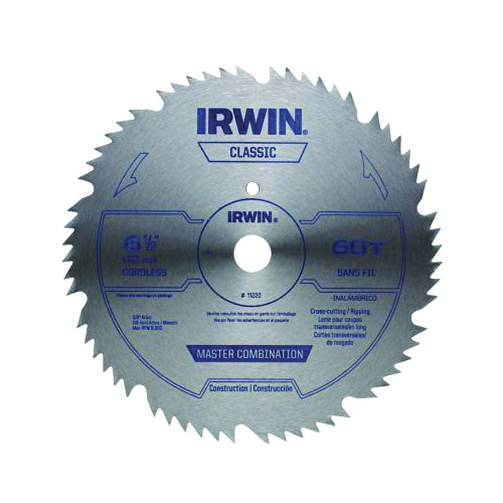 IRWIN 11220 Circular Saw Blade, 6-1/2 in Dia, 5/8 in Arbor, 60-Teeth, Steel Cutting Edge