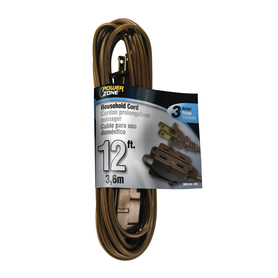 PowerZone Extension Cord, 16 AWG Cable, 12 ft L, 13 A, 125 V, Brown