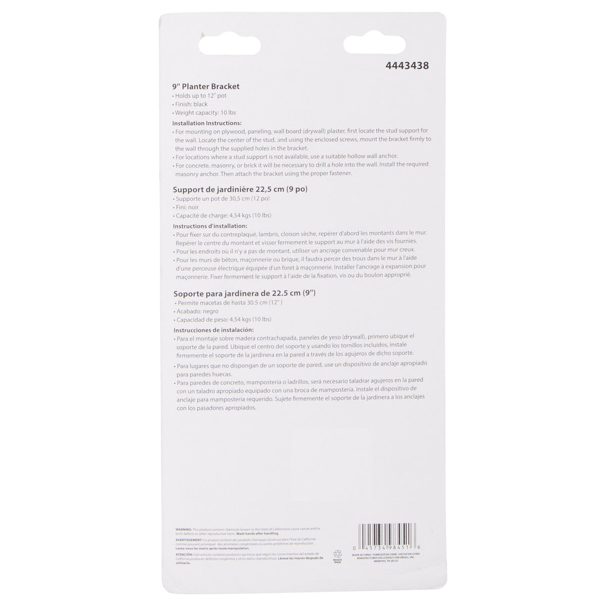 Landscapers Select GB0353L Hanging Plant Bracket, 9-5/8 L, Steel, Black, Wall Mount Mounting