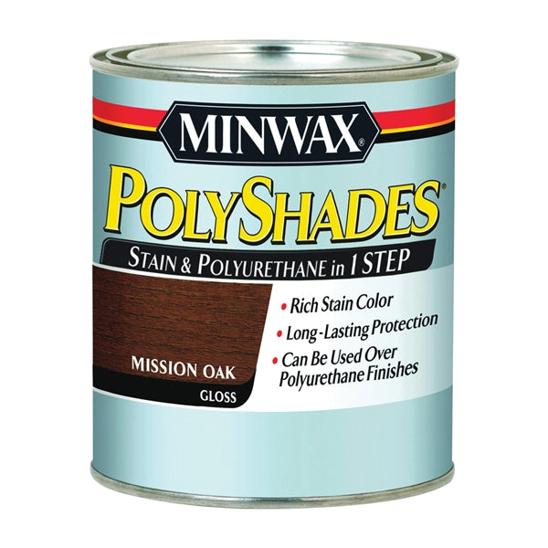 Minwax PolyShades 214854444 Wood Stain and Polyurethane, Gloss, Mission Oak, Liquid, 0.5 pt, Can