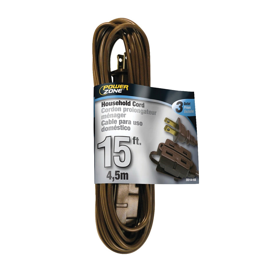 PowerZone Extension Cord, 16 AWG Cable, 15 ft L, 13 A, 125 V, Brown