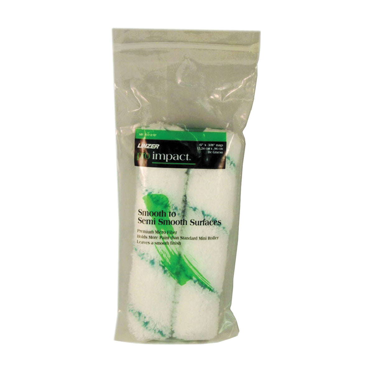 Linzer Pro Edge MR701-2 6 Mini Paint Roller Cover, 3/8 in Thick Nap, 6 in L, Microfiber Cover, Green/White